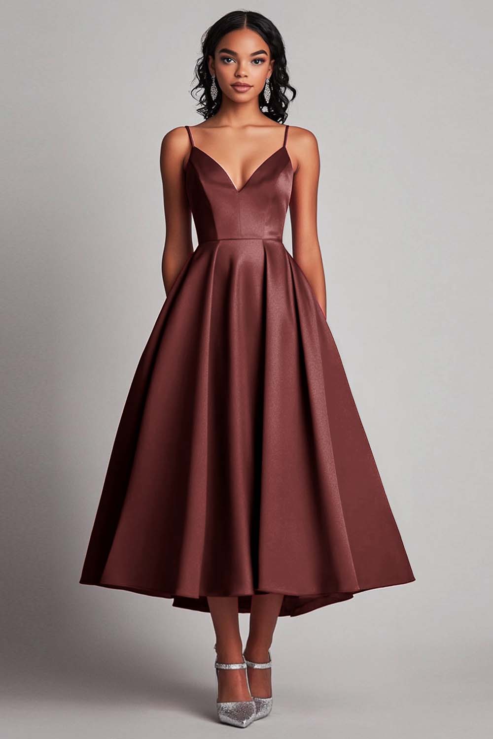 Red Satin A-Line Tea Length Formal Dress - Fashionpara