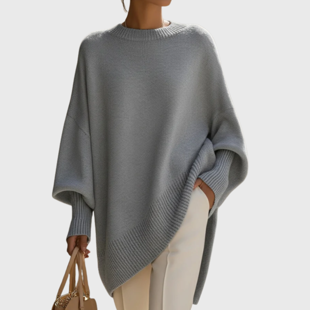Crew Neck Oversized Asymmetric Hem Poncho Sweater 5