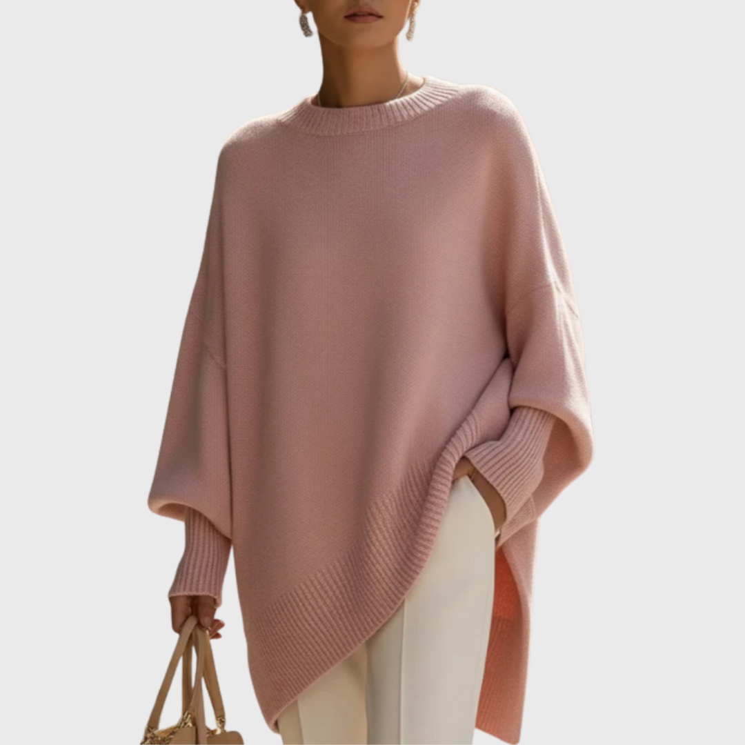 Crew Neck Oversized Asymmetric Hem Poncho Sweater 2