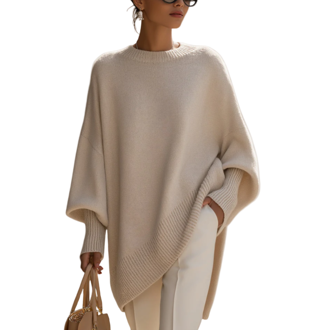 Crew Neck Oversized Asymmetric Hem Poncho Sweater