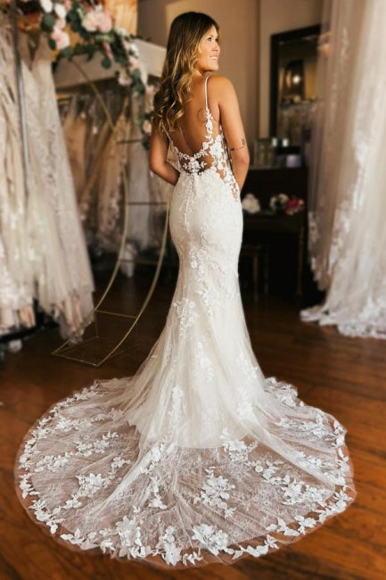 Designer Long Mermaid Spaghetti Straps V-neck Backless Wedding Gown with Stunning Details - Fashionpara