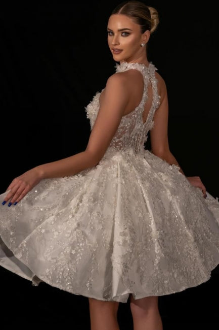 Designer Short A-line Lace Beaded Sequined Sleeveless Bridal Dress - Fashionpara