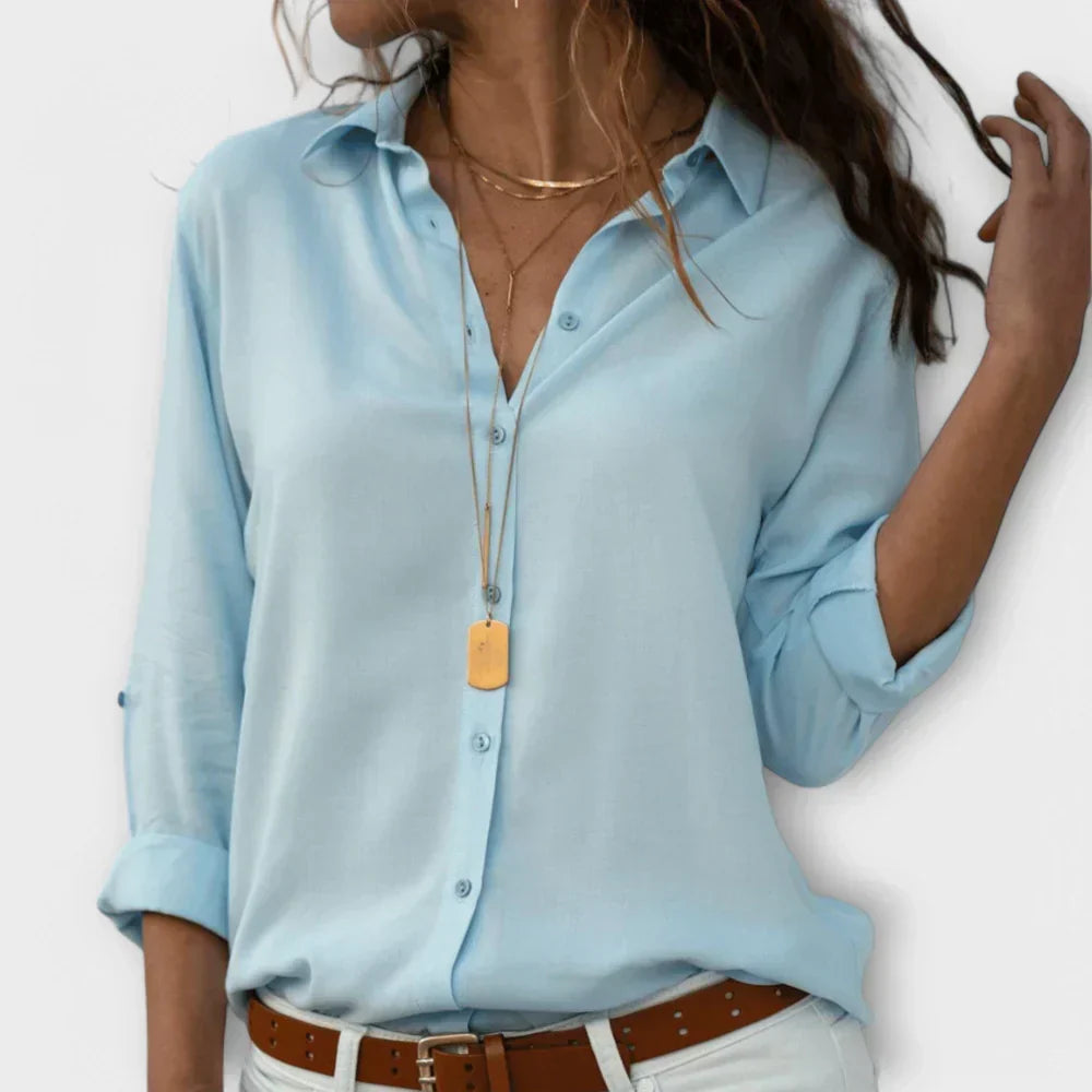 Collared Long Sleeve Button Front Satin Blouse 6
