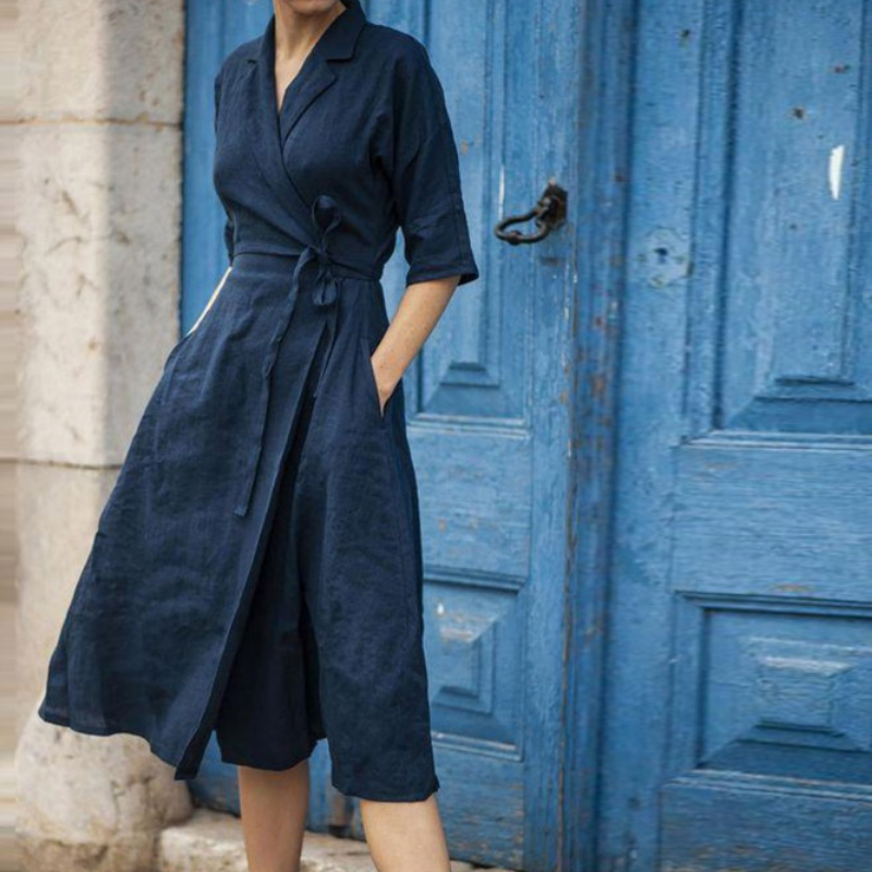 Shirt Collar Elbow Sleeve Tie Waist A-Line Midi Dress - View 3