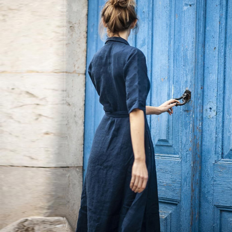 Shirt Collar Elbow Sleeve Tie Waist A-Line Midi Dress