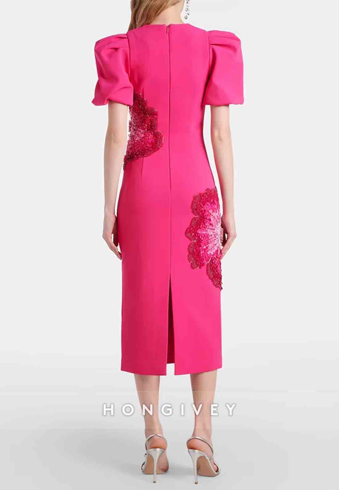 Floral Column Short Sleeves Cocktail Dresses Fuchsia Wedding Guest Dress