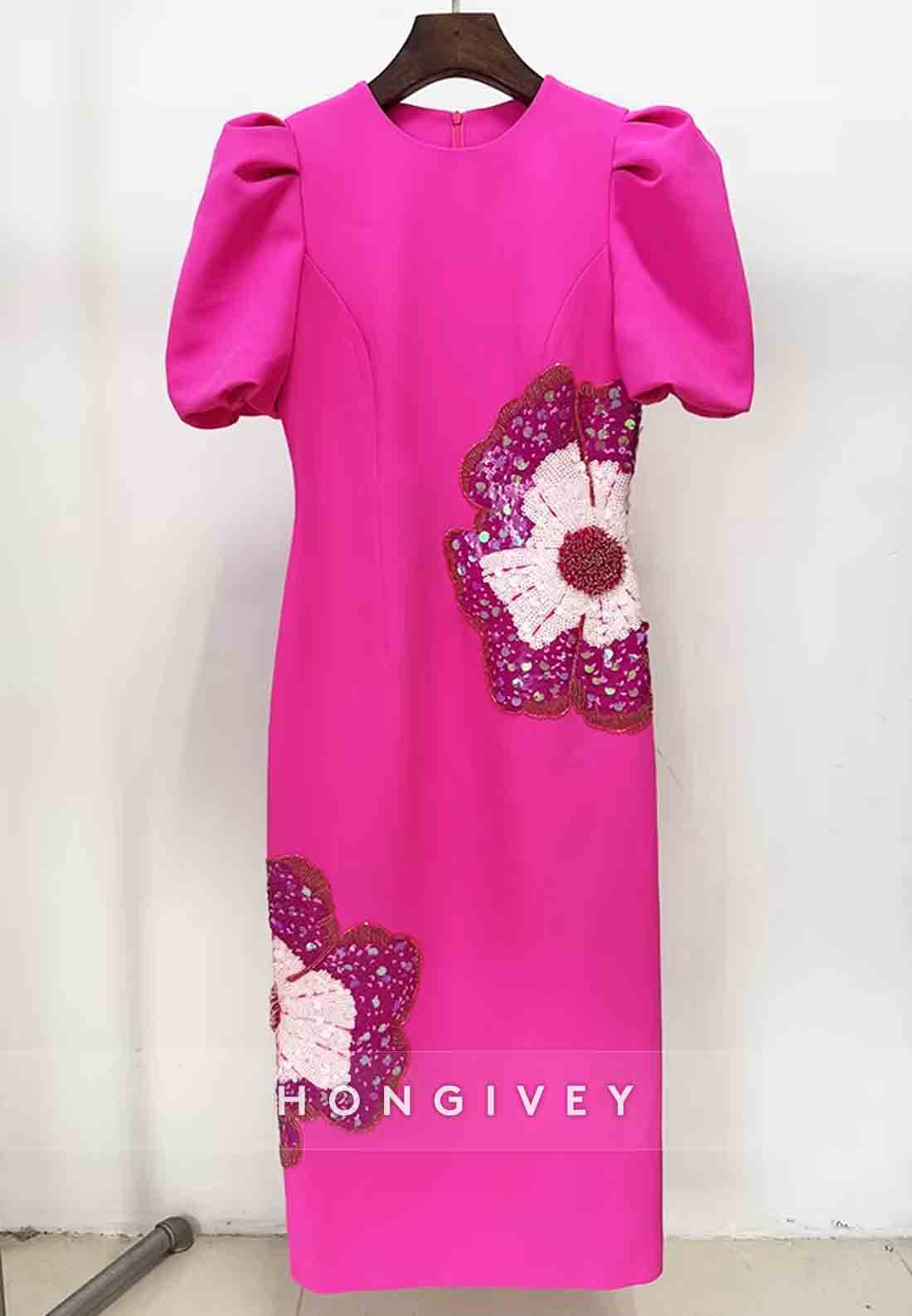 Floral Column Short Sleeves Cocktail Dresses Fuchsia Wedding Guest Dress