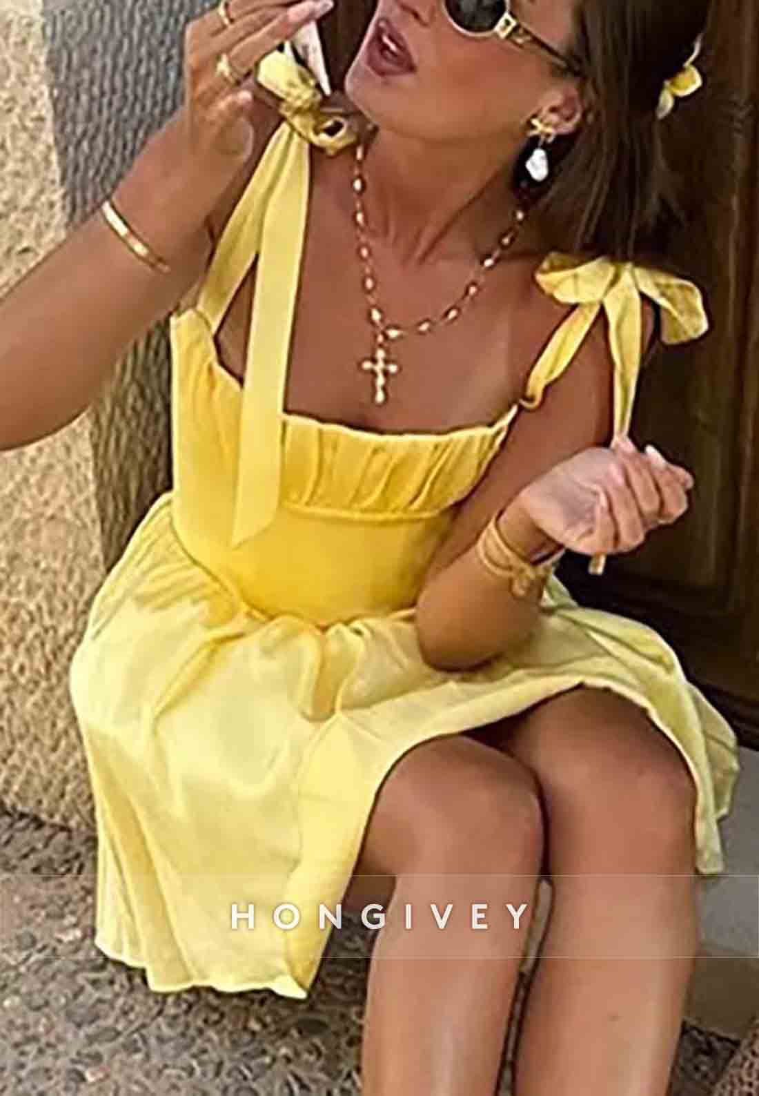 Bowknot A-Line Sleeveless Square Neck Pleated Short Homecoming Dresses