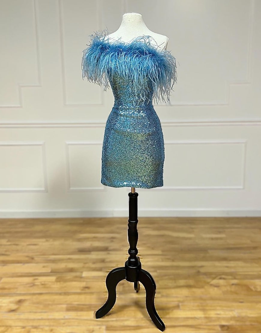 Farrah Sheath Sparkling Sequin Homecoming Dress with Feather Details - Fashionpara