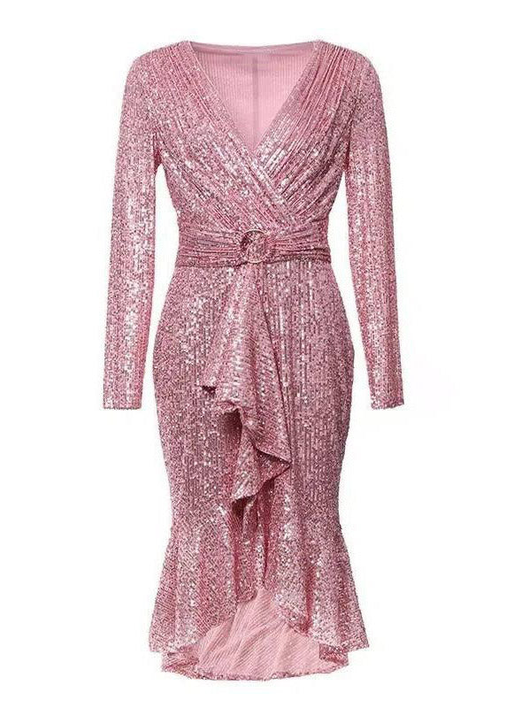 Sequin Deep V-Neck Long Sleeve Belted Mermaid Ruffle Hem Midi Dress - View 5