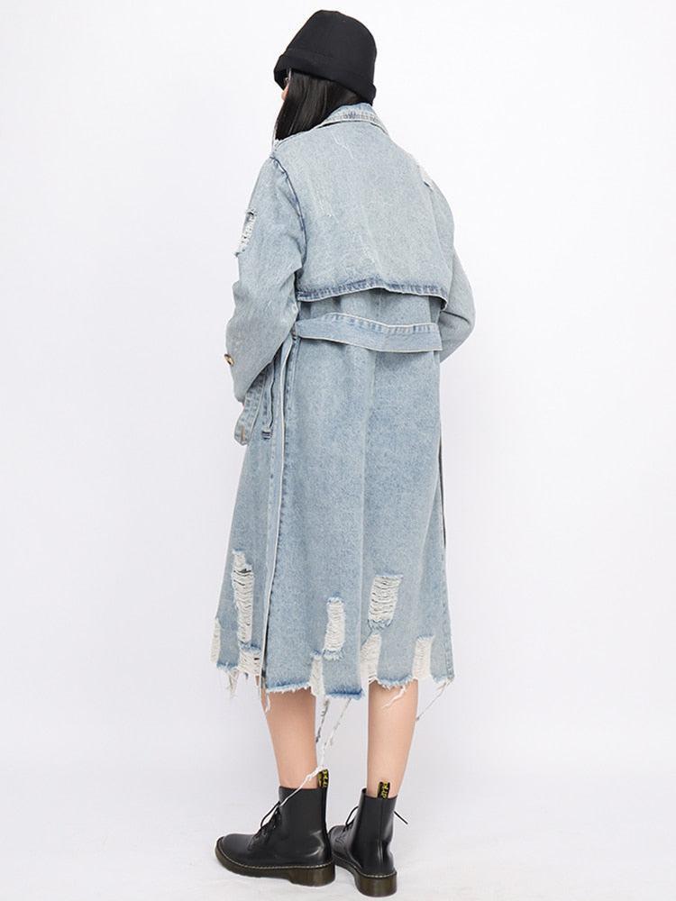 Distressed Denim Trench Coat - Fashionpara