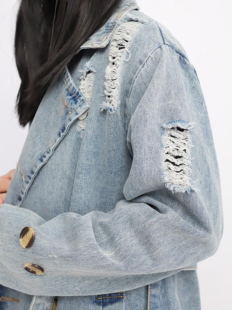 Distressed Denim Trench Coat - Fashionpara