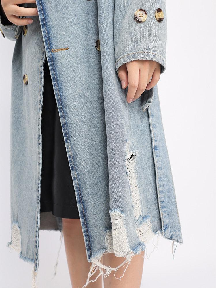 Distressed Denim Trench Coat - Fashionpara