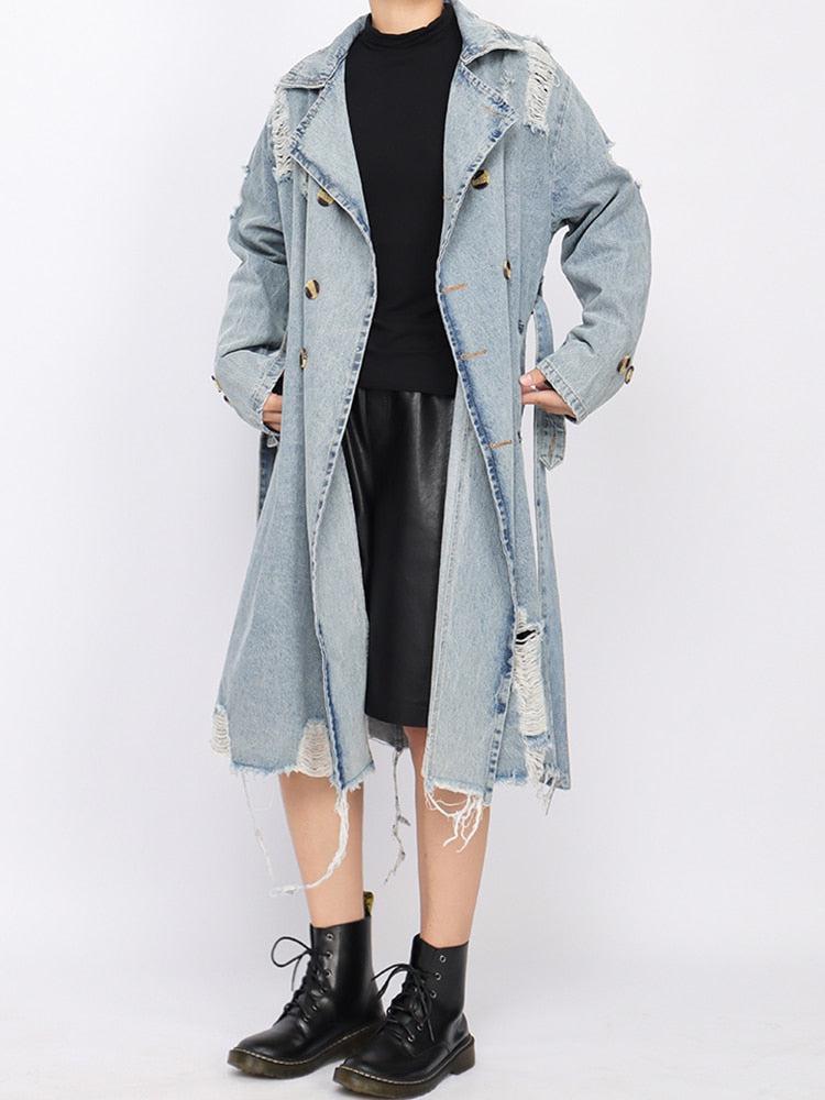 Distressed Denim Trench Coat - Fashionpara