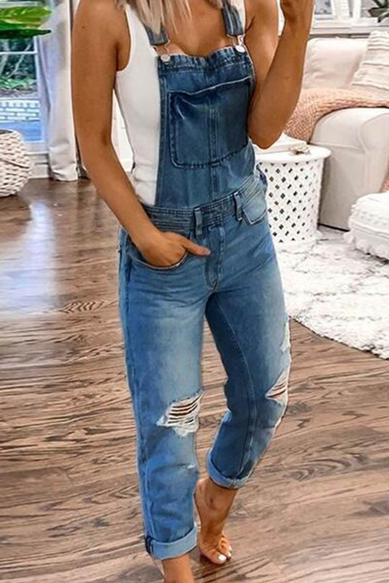 Distressed Front With Pocket Denim Overalls - Fashionpara