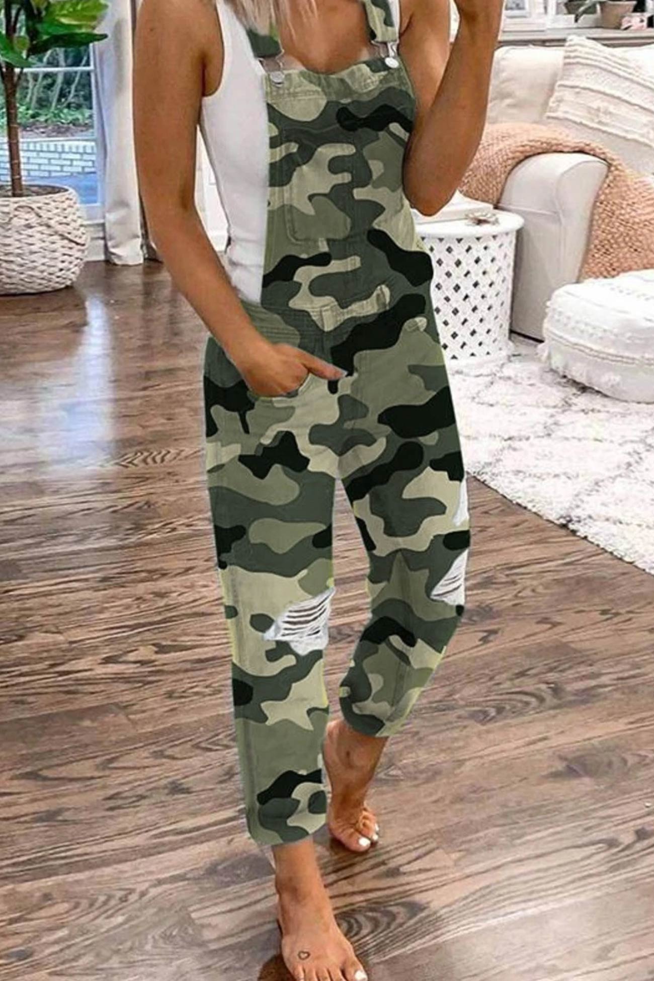 Distressed Front With Pocket Denim Overalls - Fashionpara