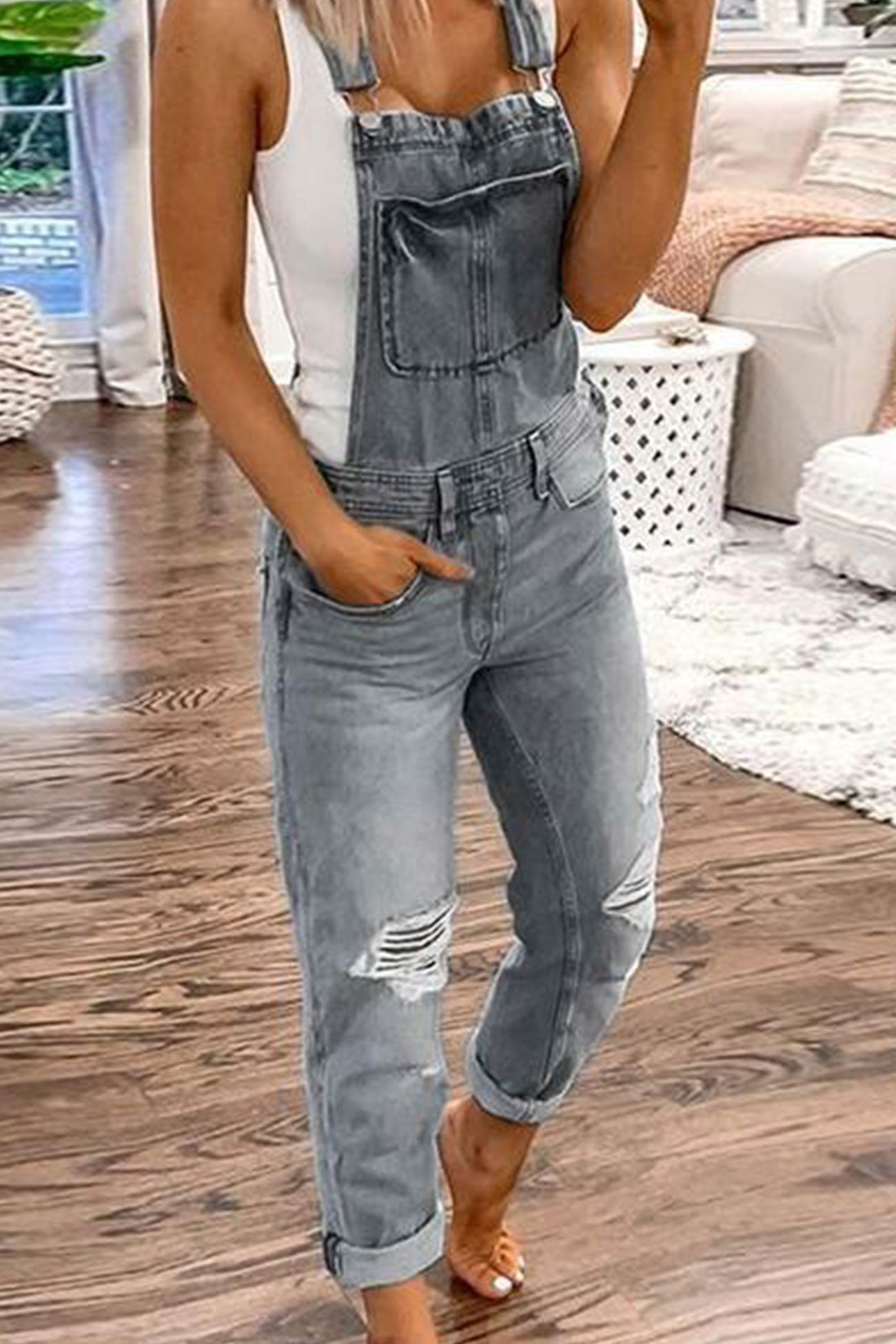 Distressed Front With Pocket Denim Overalls - Fashionpara