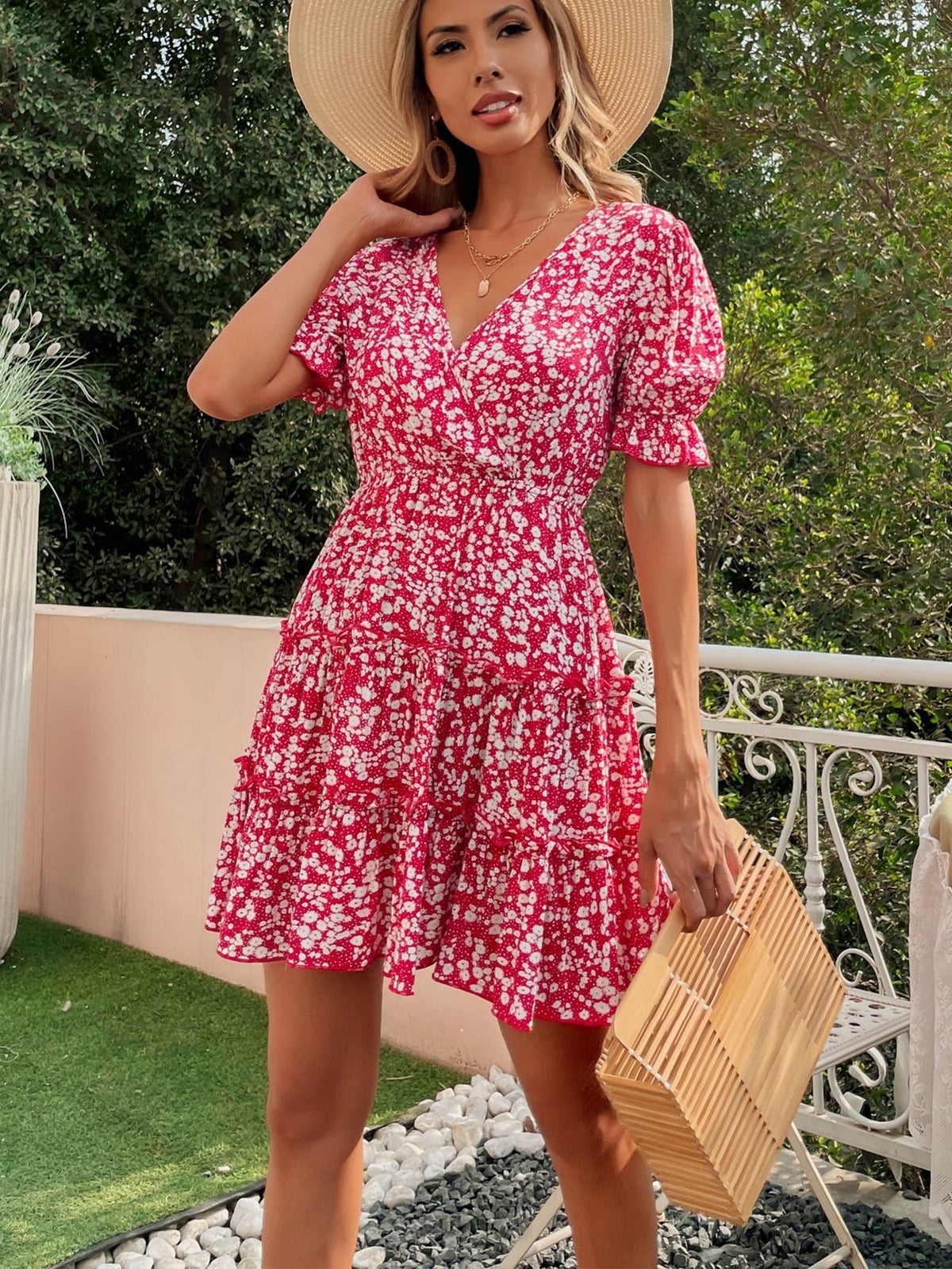 Floral Print V-Neck Puff Sleeve Tiered Mini Dress