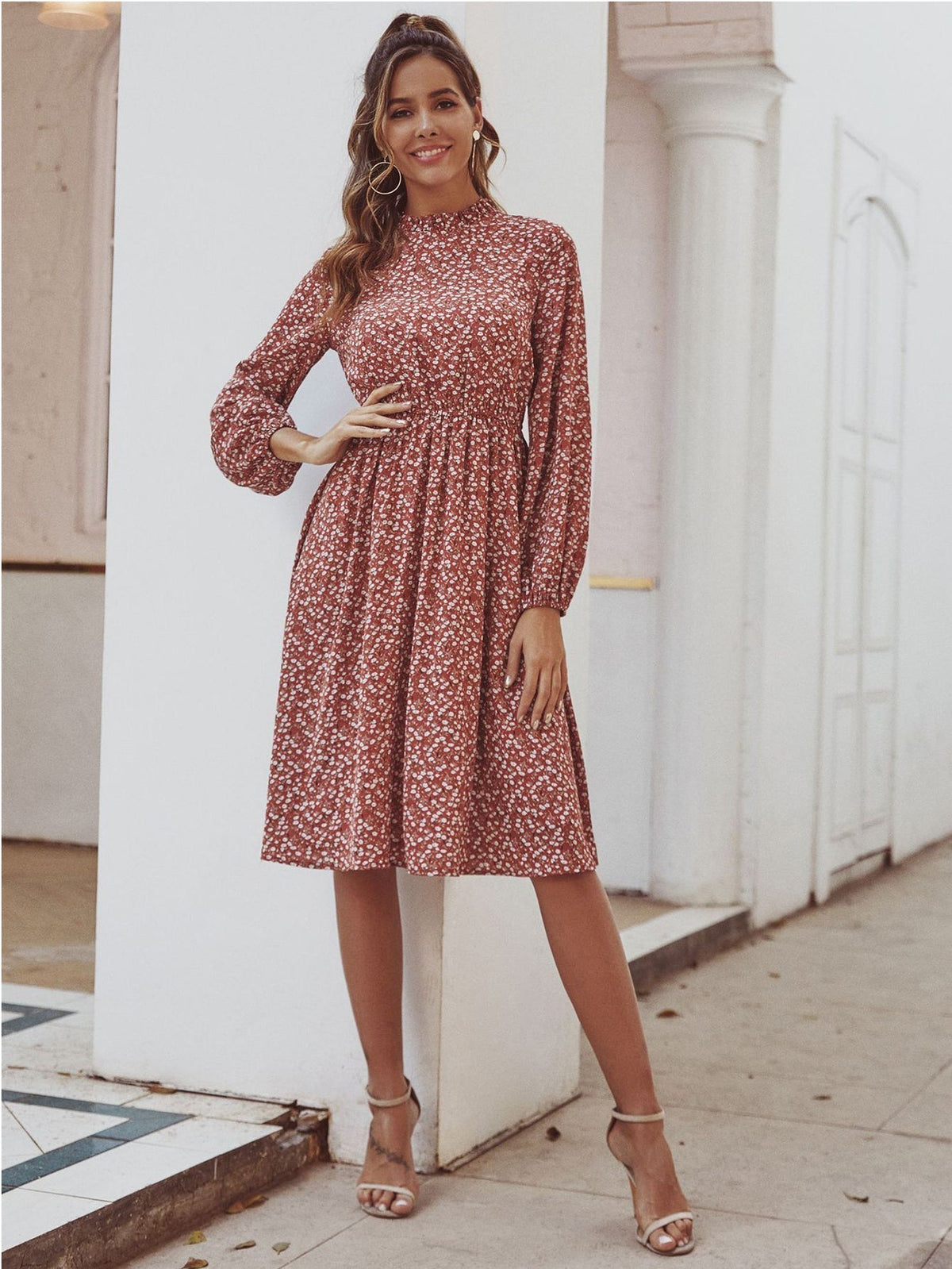 Floral Print High Neck Long Sleeve Midi Dress