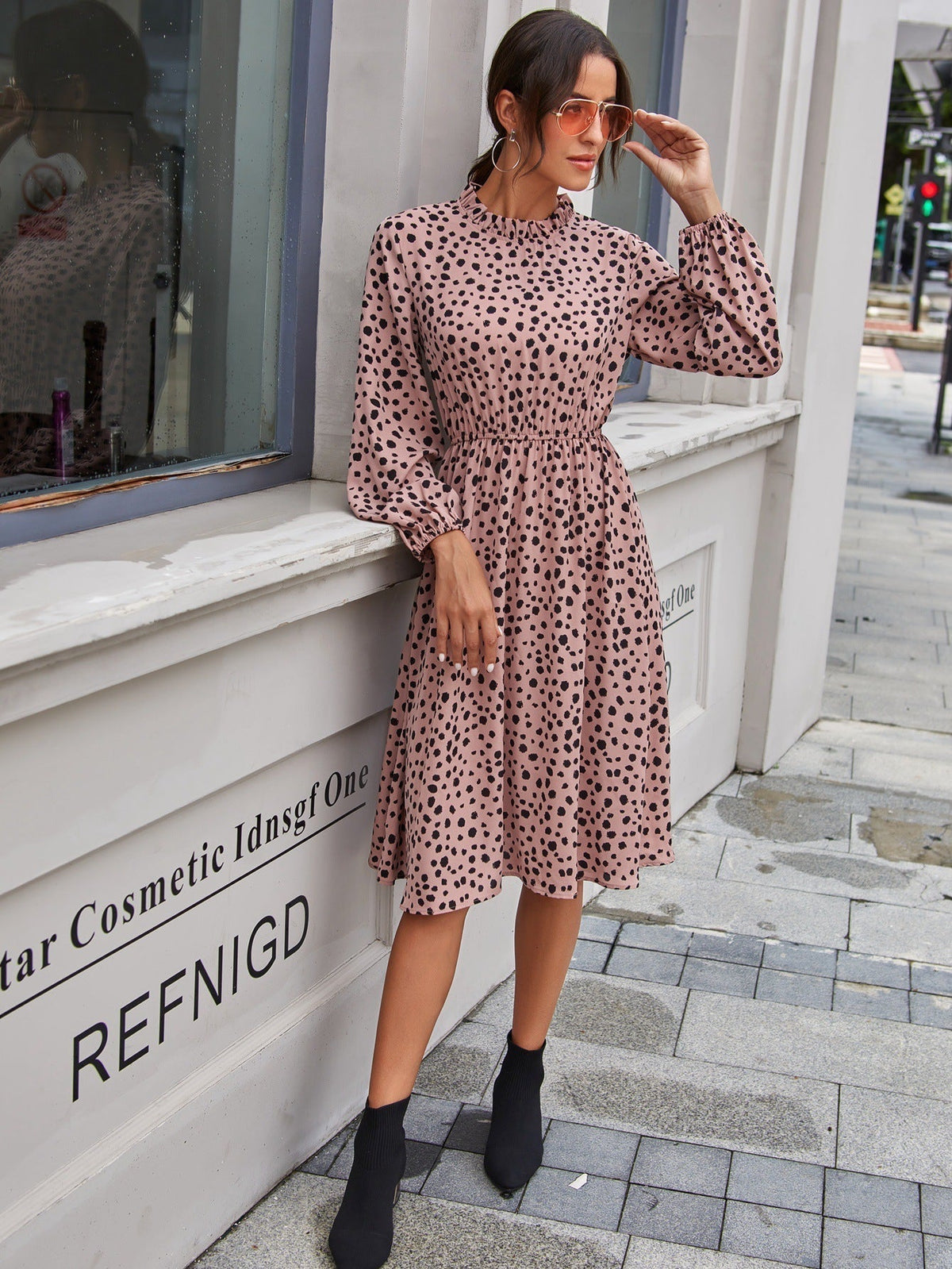 Floral Print High Neck Long Sleeve Midi Dress