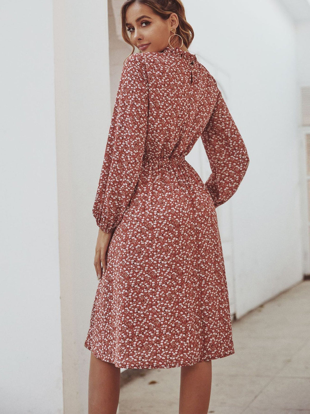 Floral Print High Neck Long Sleeve Midi Dress