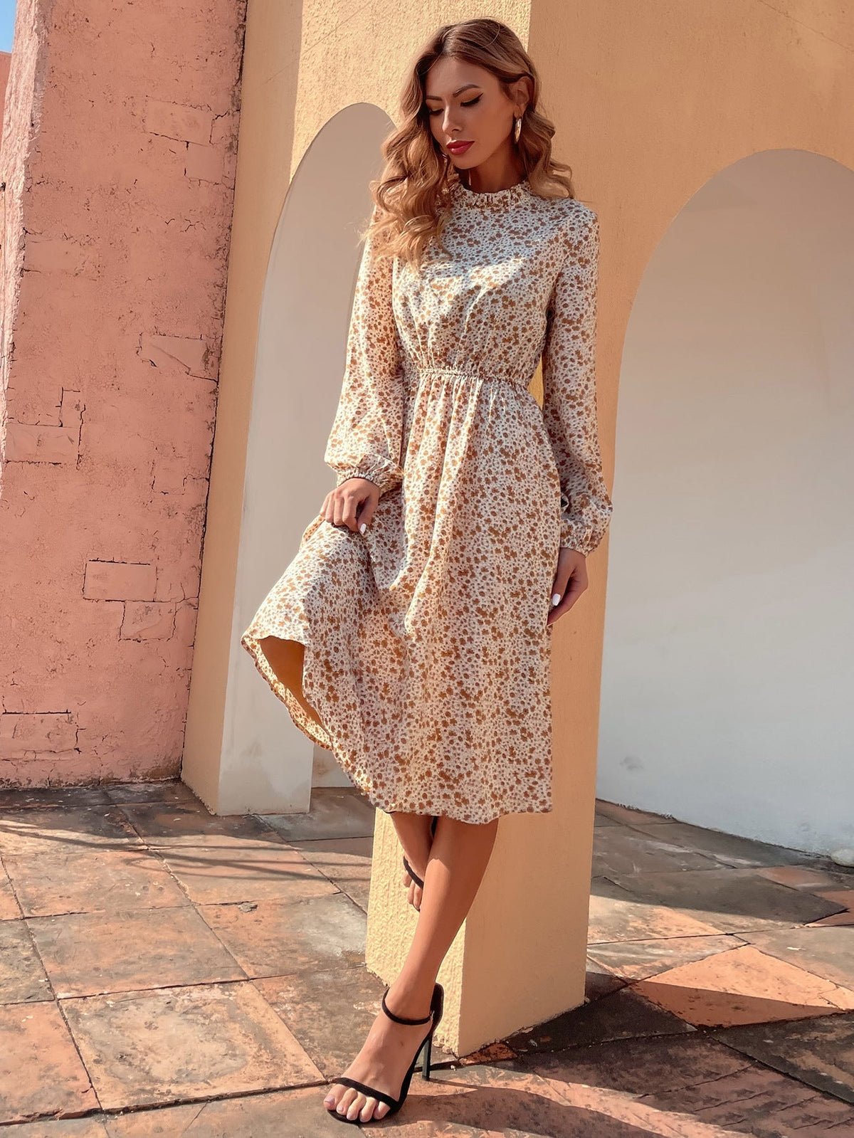 KittenAlarm - Disty Floral Mock Neck Elastic Wasit Dress