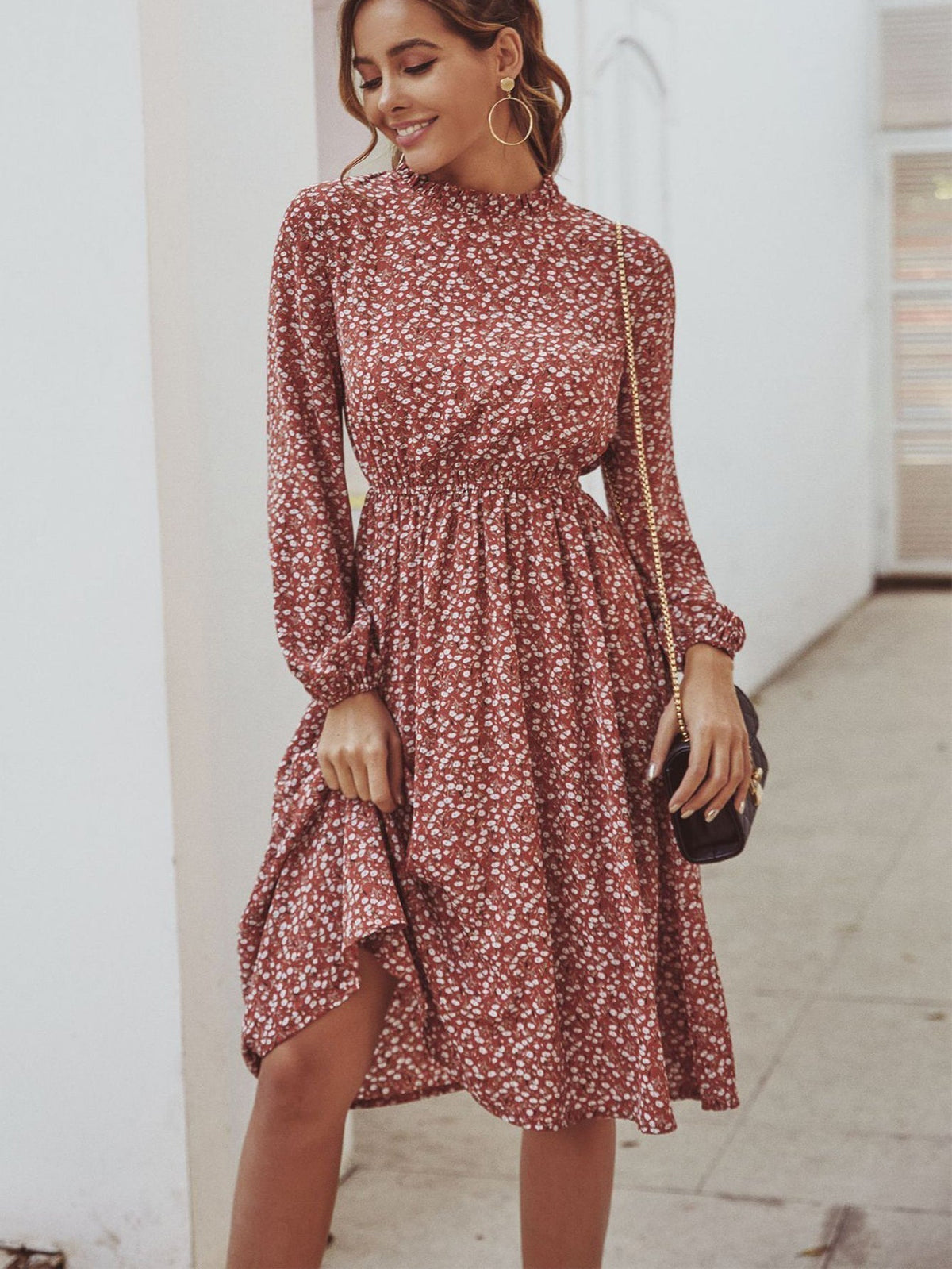 Floral Print High Neck Long Sleeve Midi Dress
