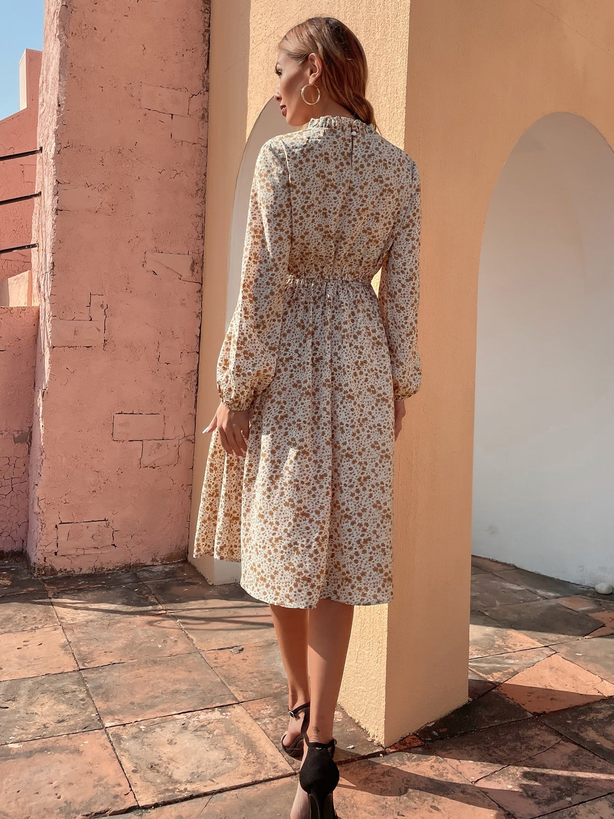 KittenAlarm - Disty Floral Mock Neck Elastic Wasit Dress