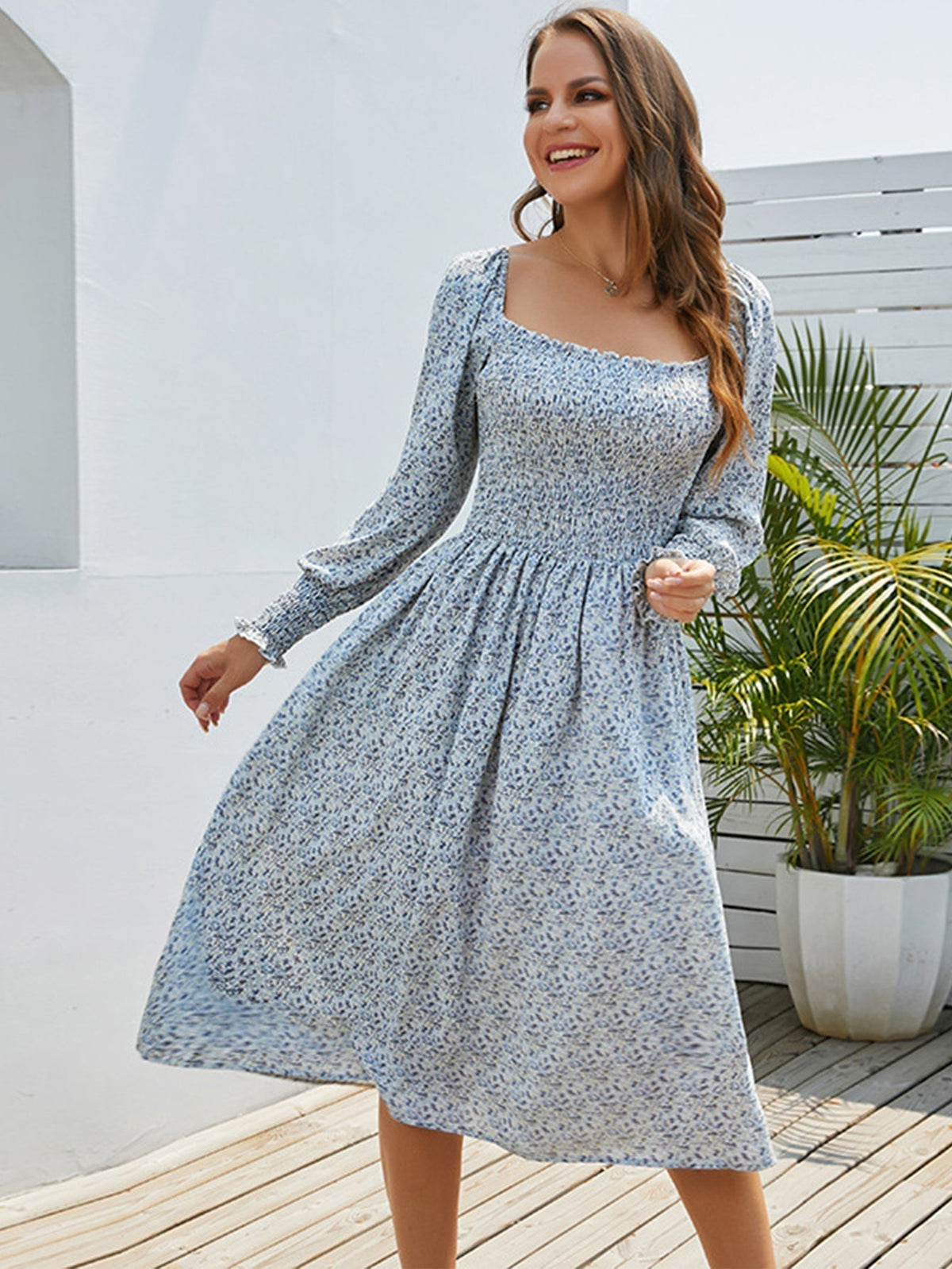 Floral Print Square Neck Long Sleeve Fit & Flare Midi Dress