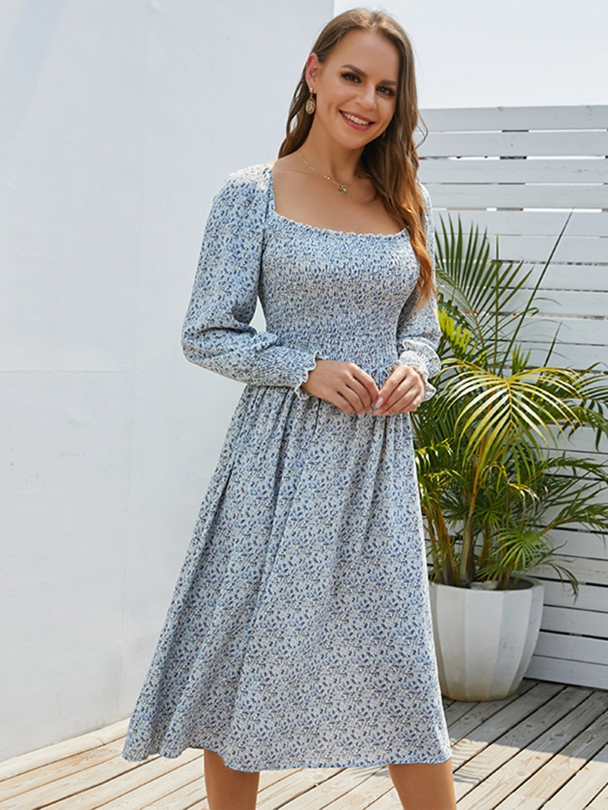 Floral Print Square Neck Long Sleeve Fit & Flare Midi Dress