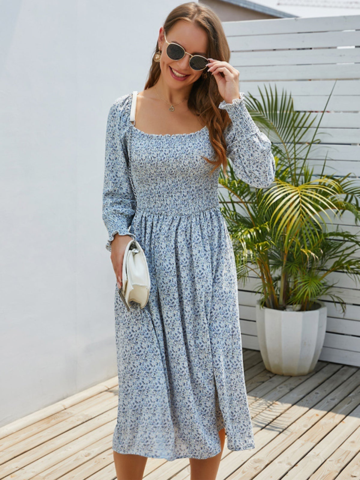 Floral Print Square Neck Long Sleeve Fit & Flare Midi Dress