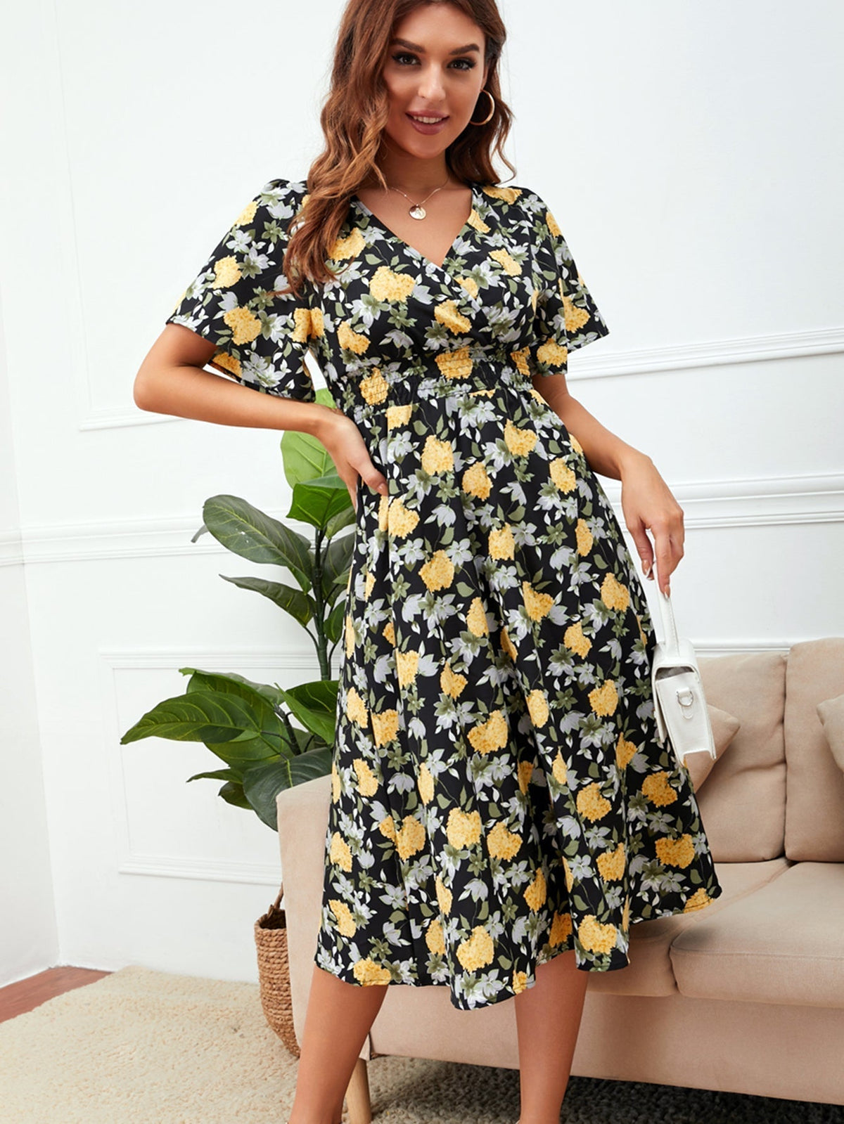 Floral Print V-Neck Short Sleeve Fit & Flare Midi Dress