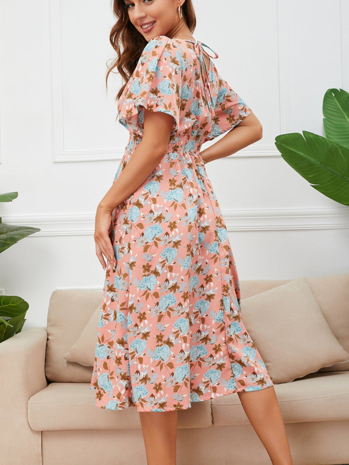 Floral Print V-Neck Short Sleeve Fit & Flare Midi Dress