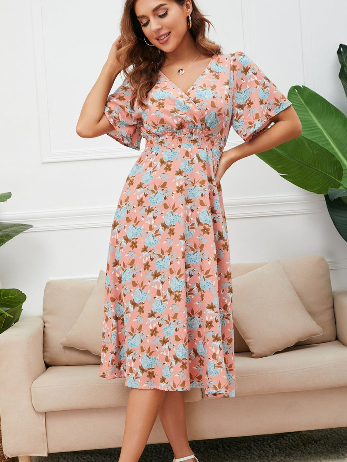 Floral Print V-Neck Short Sleeve Fit & Flare Midi Dress