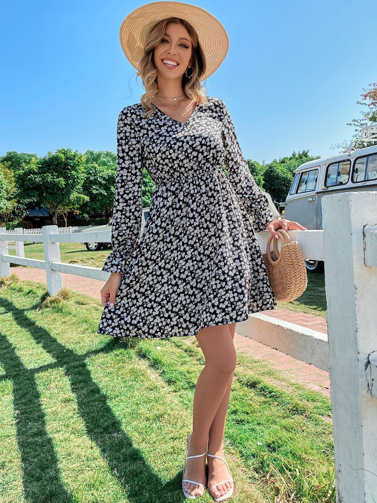 Floral Print V-Neck Long Sleeve Fit & Flare Mini Dress