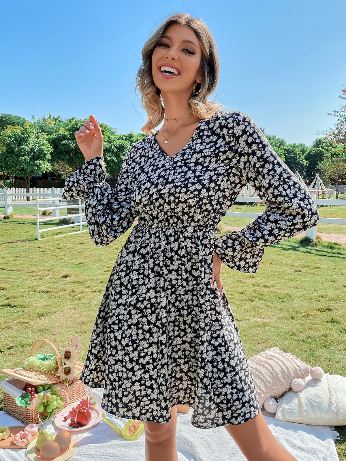 Floral Print V-Neck Long Sleeve Fit & Flare Mini Dress