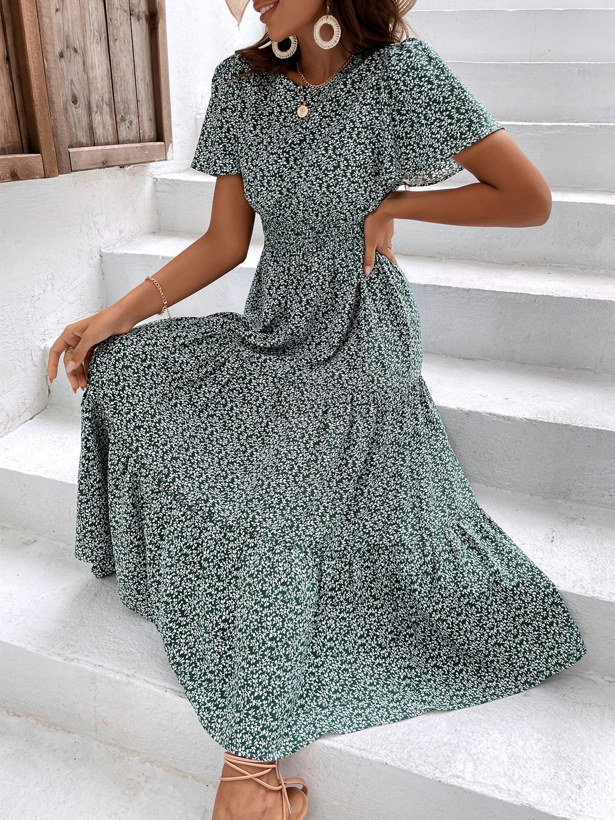 Floral Round Neck Flutter Sleeve Tiered Maxi Dress
