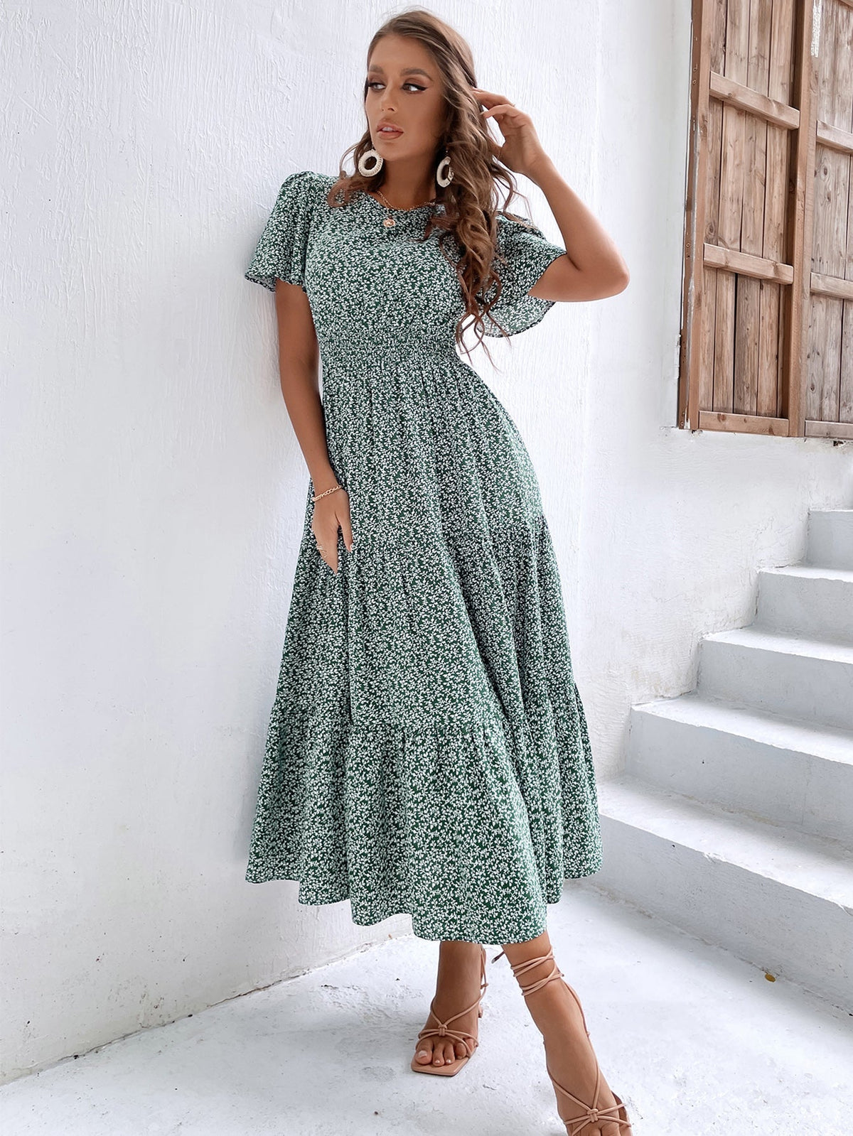 Floral Round Neck Flutter Sleeve Tiered Maxi Dress
