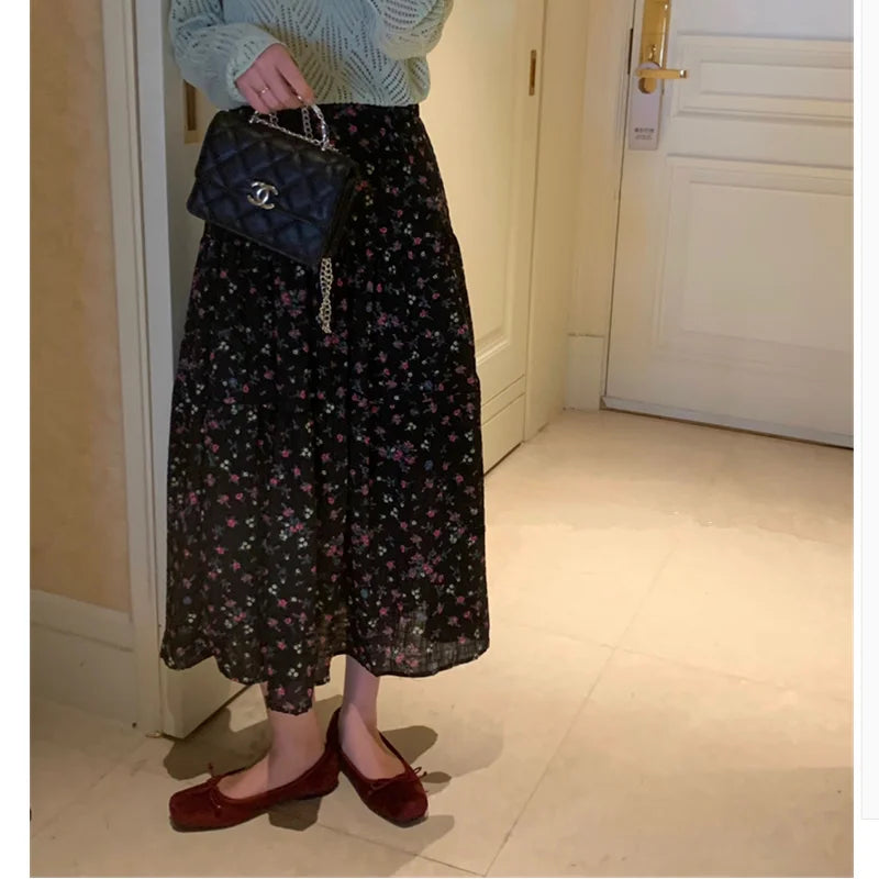 Floral Ditsy Print Elastic Waist Tiered Long Flared Skirt