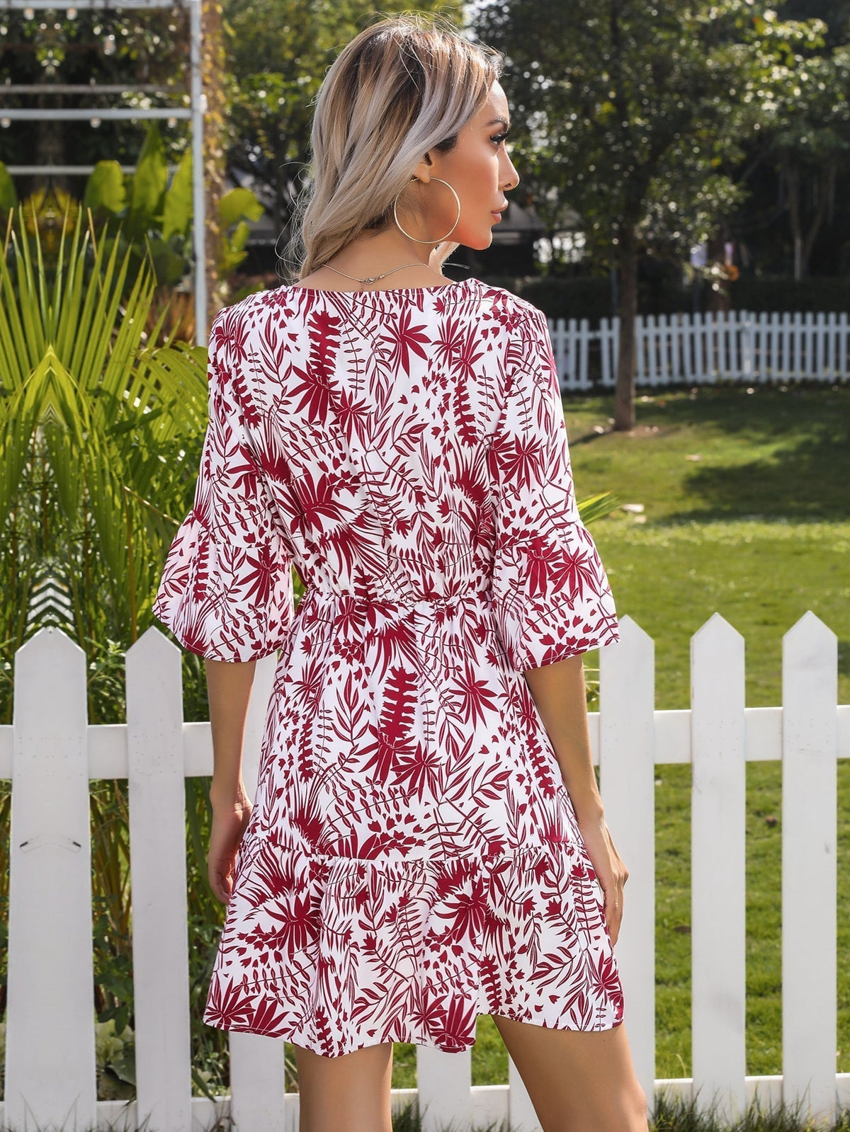 KittenAlarm - Ditsy floral print V neck Flutter Sleeve Belted Dress