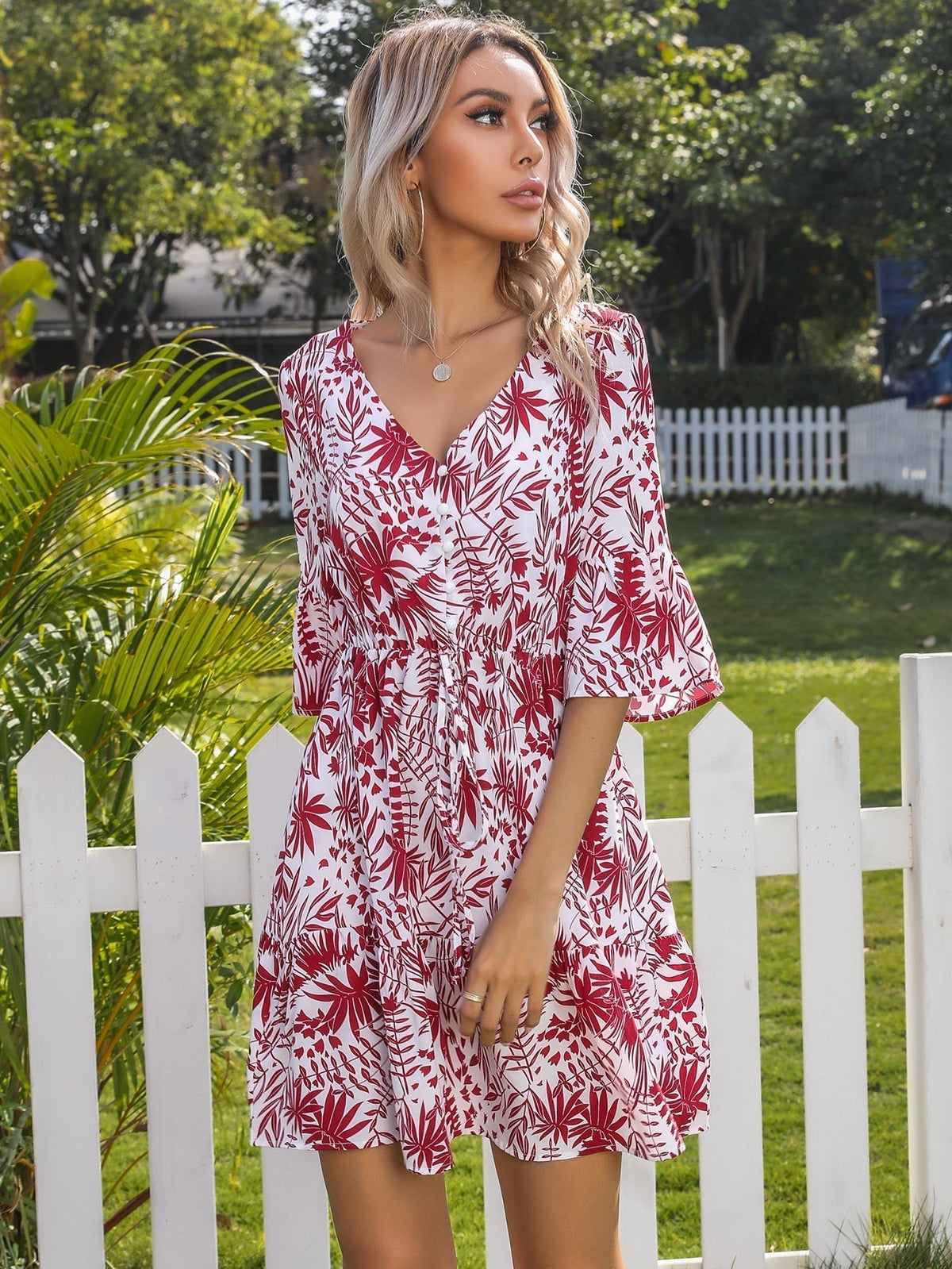 KittenAlarm - Ditsy floral print V neck Flutter Sleeve Belted Dress