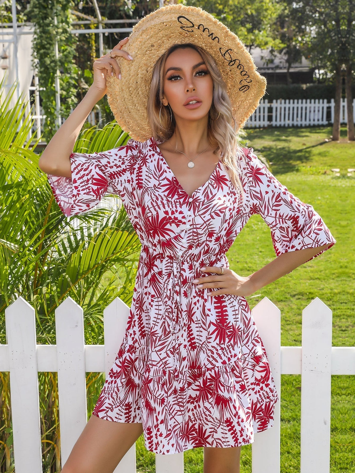 KittenAlarm - Ditsy floral print V neck Flutter Sleeve Belted Dress