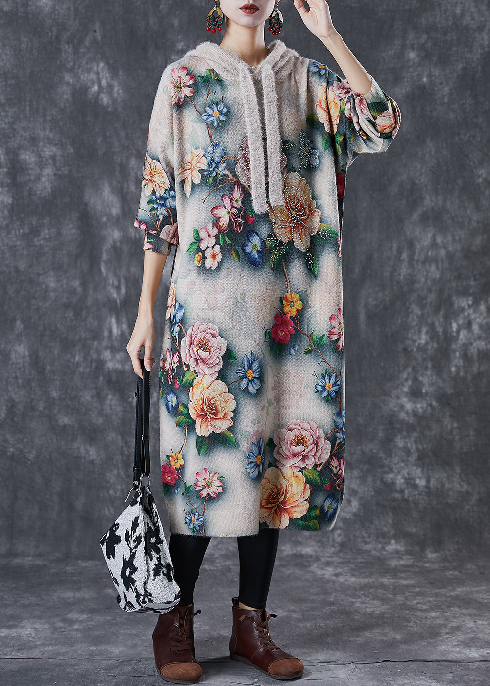 Floral Print Hooded Drawstring Rib Knit Drop Shoulder Midi Dress