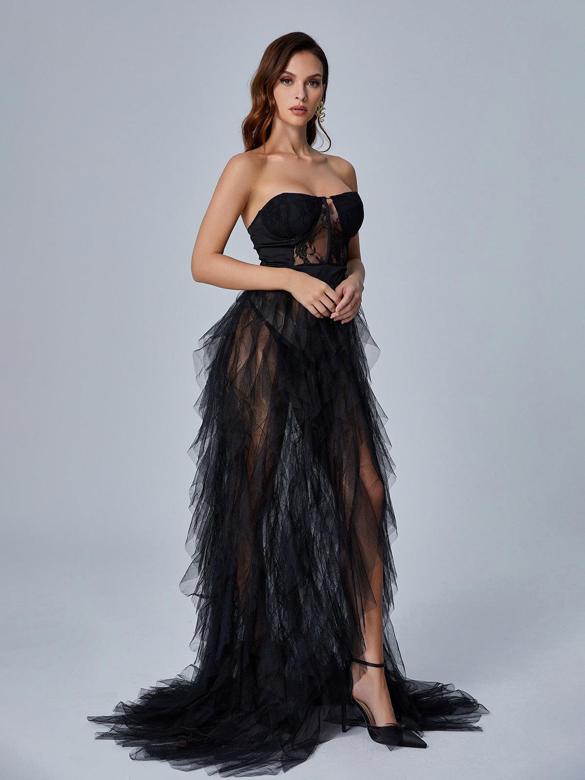 Tulle Strapless Corset Tiered High Split Maxi Gown - View 3