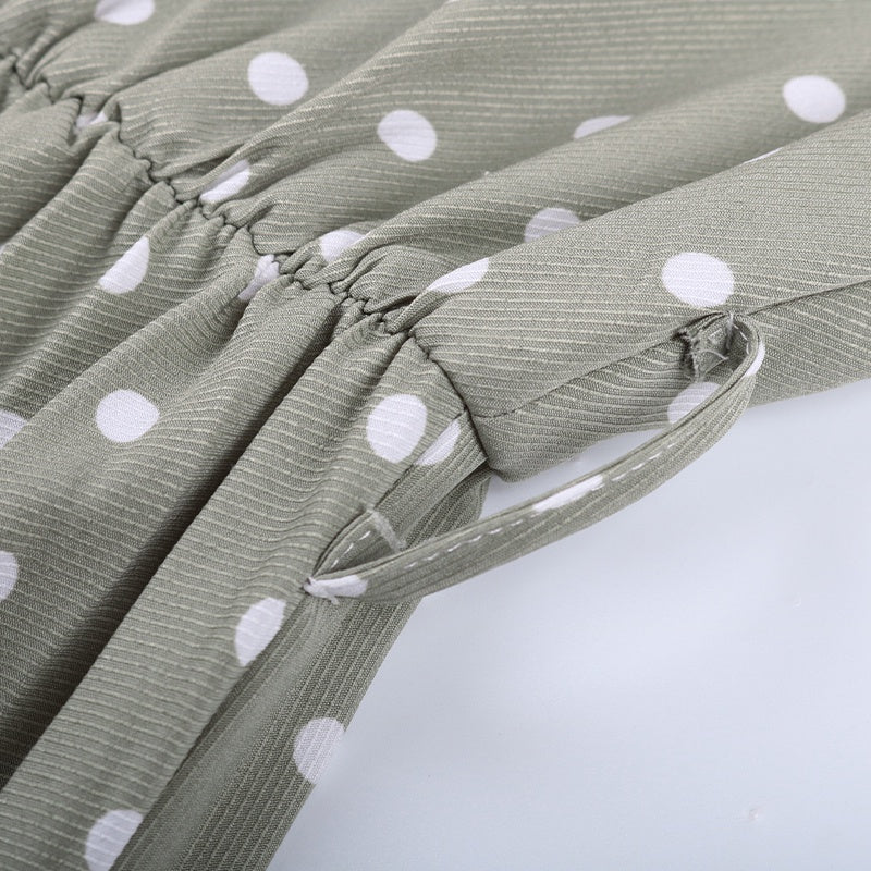 KittenAlarm - Dot Printed High Waist Spring Autumn Dress Women Long Sleeve A-line Pleated Dress Plus Size