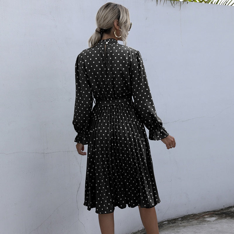 KittenAlarm - Dot Printed High Waist Spring Autumn Dress Women Long Sleeve A-line Pleated Dress Plus Size