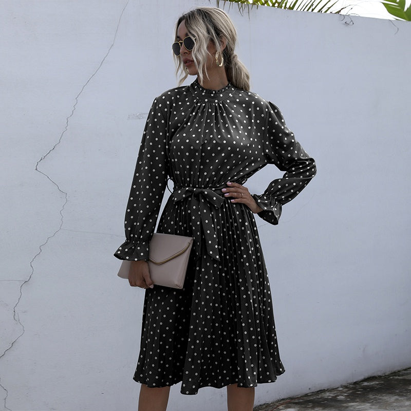 KittenAlarm - Dot Printed High Waist Spring Autumn Dress Women Long Sleeve A-line Pleated Dress Plus Size