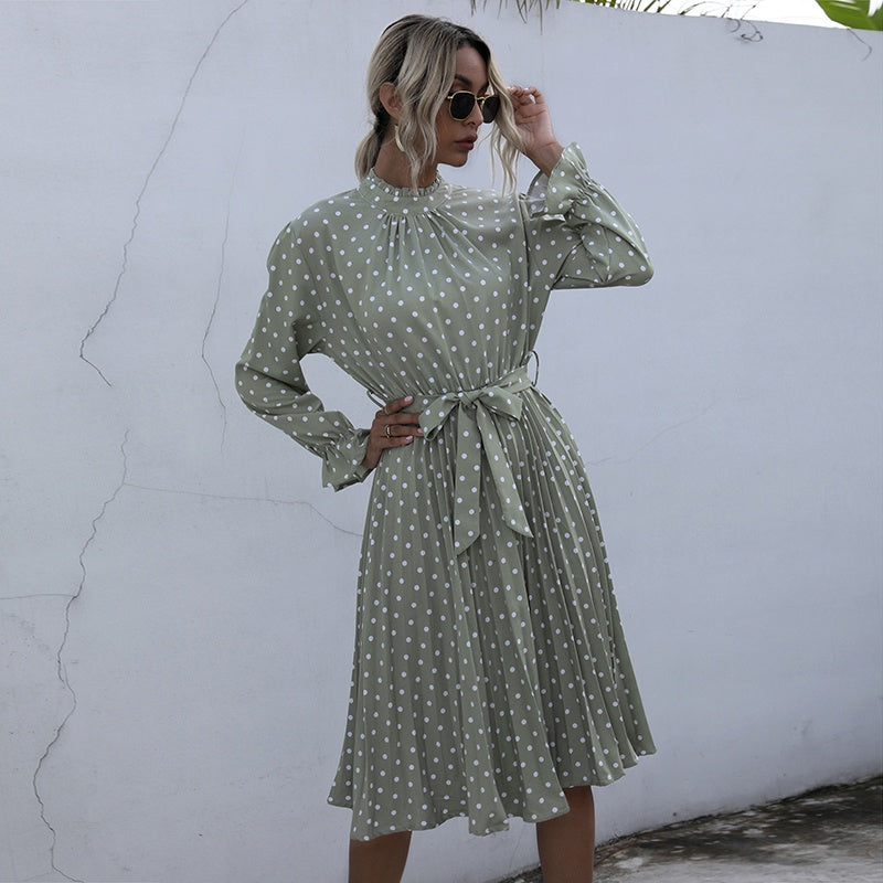KittenAlarm - Dot Printed High Waist Spring Autumn Dress Women Long Sleeve A-line Pleated Dress Plus Size