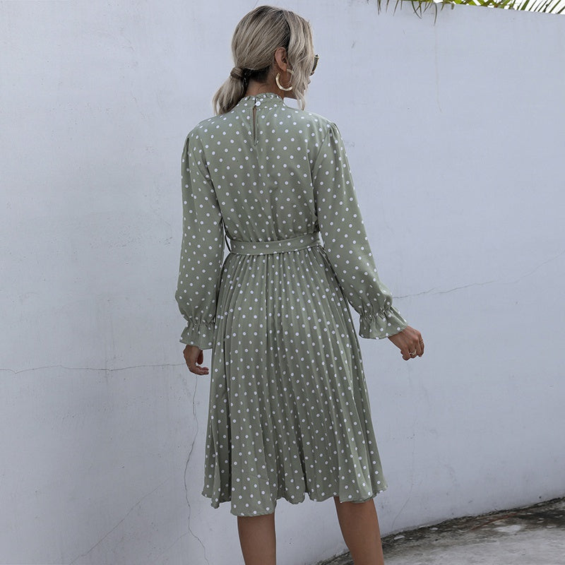 KittenAlarm - Dot Printed High Waist Spring Autumn Dress Women Long Sleeve A-line Pleated Dress Plus Size