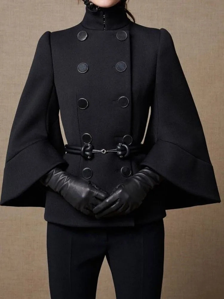 Double Breasted High Neck Solid Flared Buttoned Elegant Coats - Fashionpara